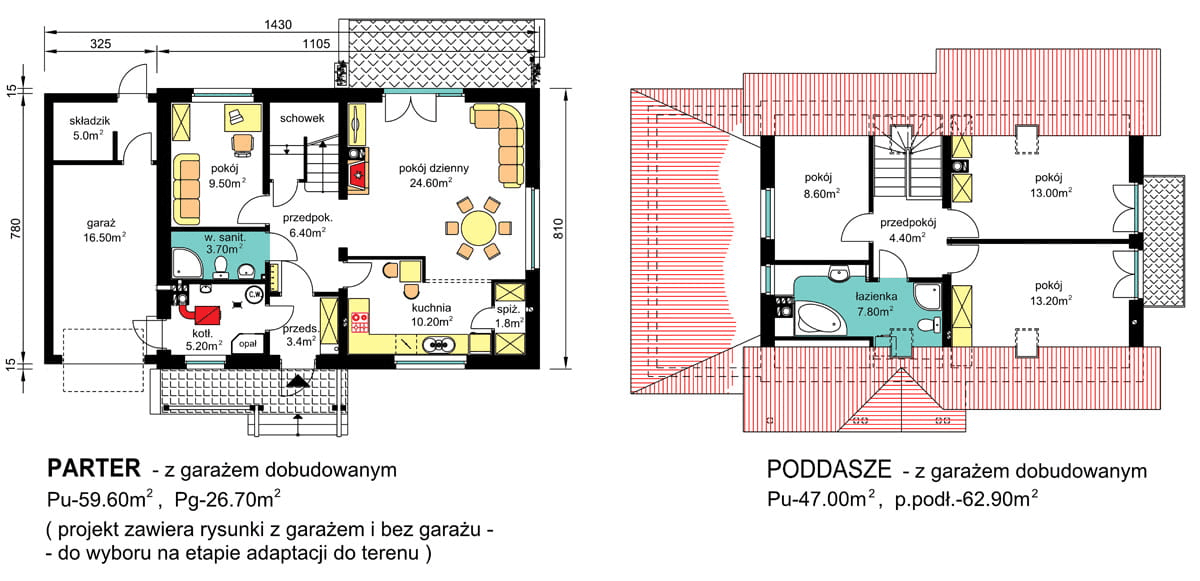 rzuty parteru oraz poddasza domu jednorodzinnego BW-49 war.6 z garażem