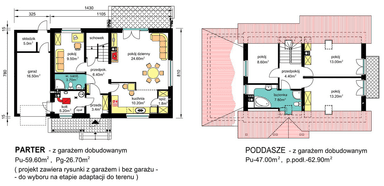 rzuty parteru oraz poddasza domu jednorodzinnego BW-49 war.6 z garażem