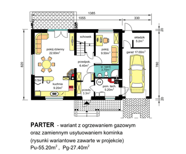 rzut parteru domu jednorodzinnego BW-49 wariant 2 - wersja z ogrzewaniem gazowym