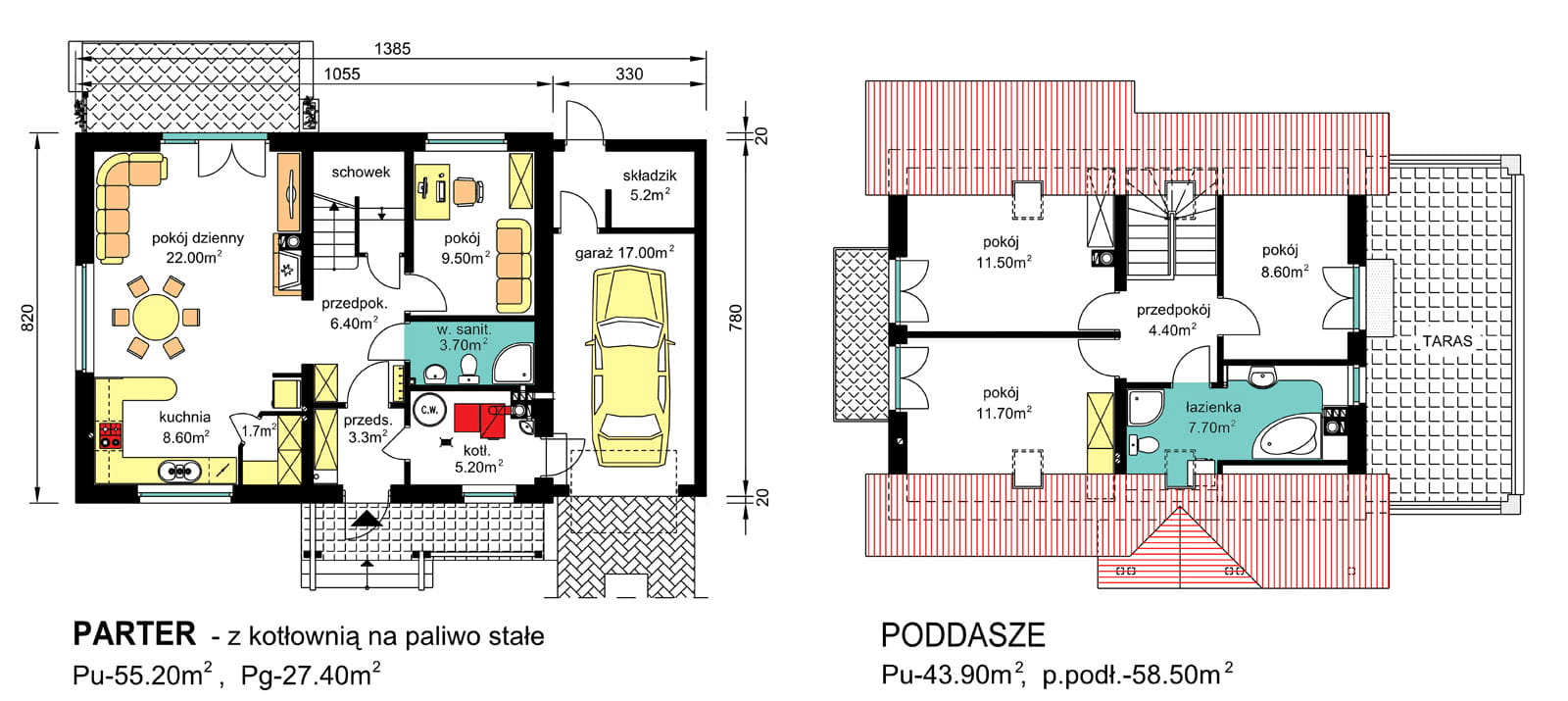 rzuty parteru oraz poddasza domu jednorodzinnego BW-49 wariant 2