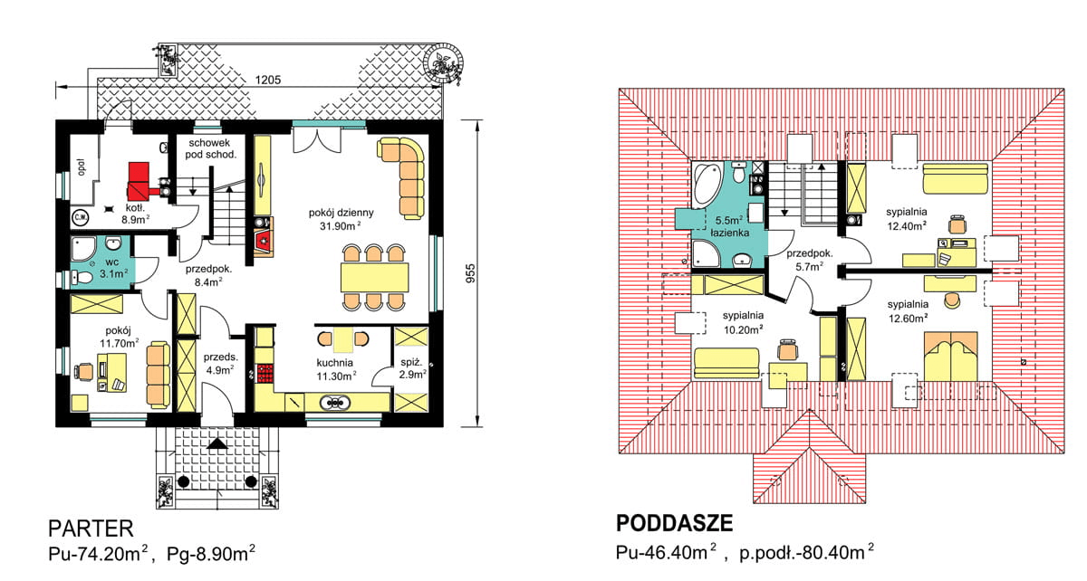 rzuty parteru oraz poddasza domu jednorodzinnego BW-51
