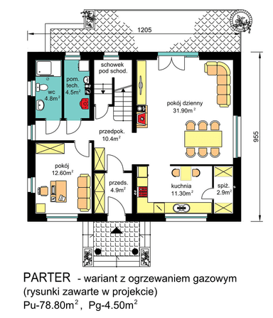 rzut poddasz domu jednorodzinnego BW-51 wariant z ogrzewaniem gazowym