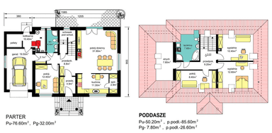 rzuty parteru oraz poddasza domu jednorodzinnego BW-51 wariant 1