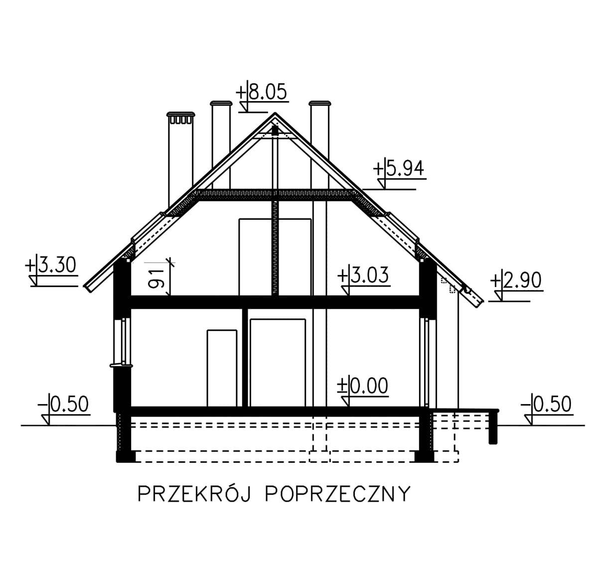 przekrój domu jednorodzinnego BW-54 front południowy