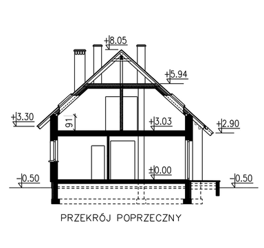 przekrój domu jednorodzinnego BW-54 front południowy