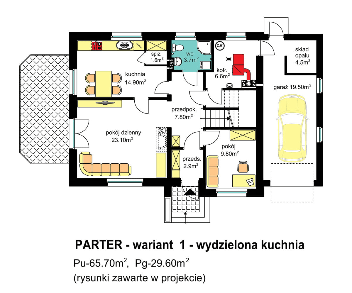 rzut parteru domu jednorodzinnego BW-54 front południowy wariant 1 z wydzieloną kuchnią