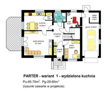 rzut parteru domu jednorodzinnego BW-54 front południowy wariant 1 z wydzieloną kuchnią