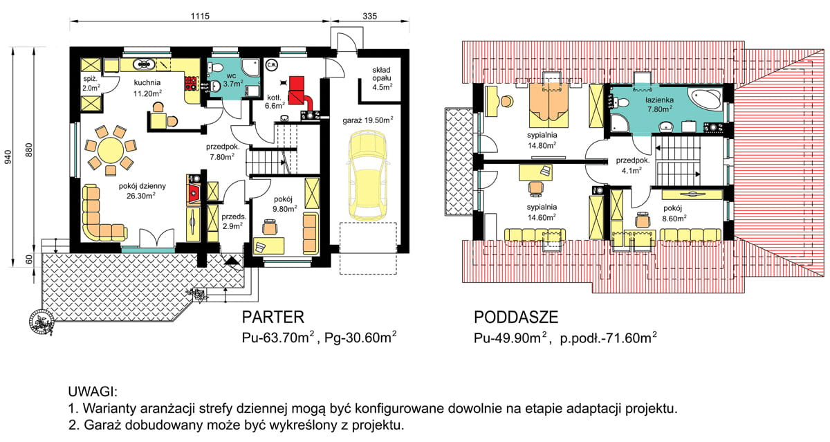 rzuty parteru oraz poddasza domu jednorodzinnego BW-54 front południowy