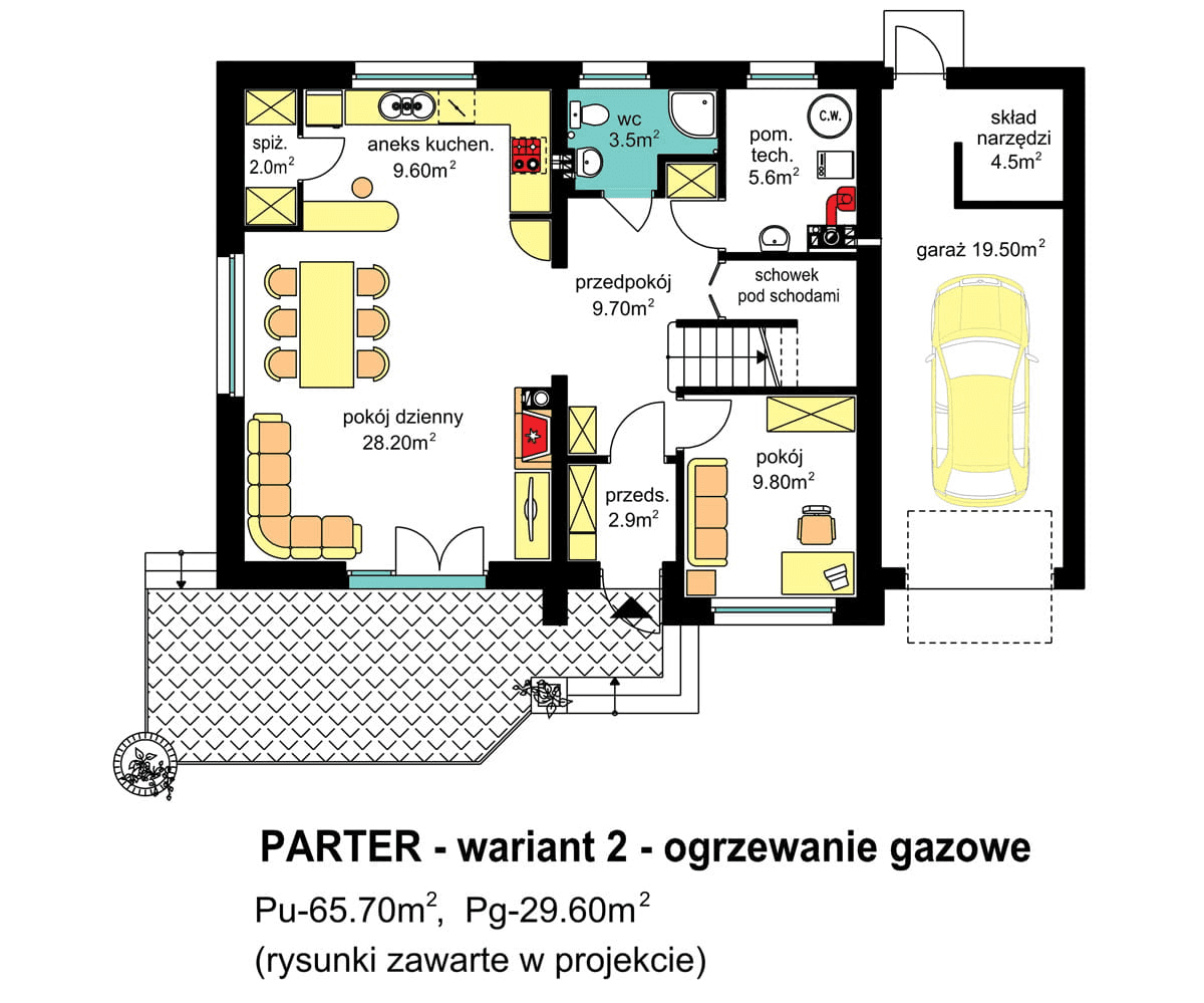 rzut parteru domu jednorodzinnego BW-54 front południowy wariant 2 z ogrzewaniem gazowym