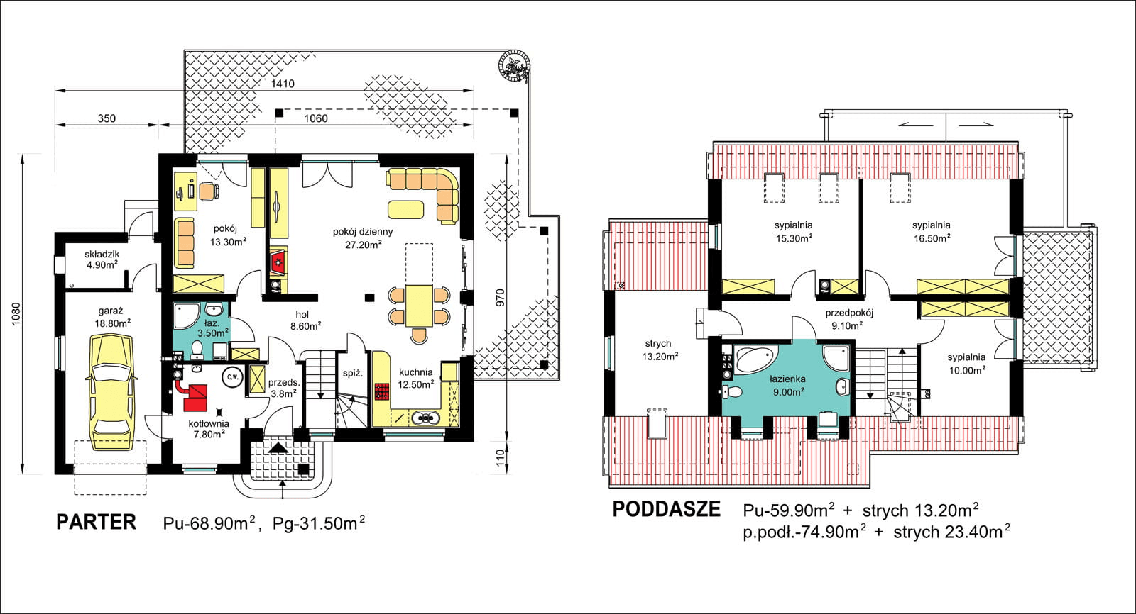 rzuty parteru oraz poddasza domu jednorodzinnego BW-56
