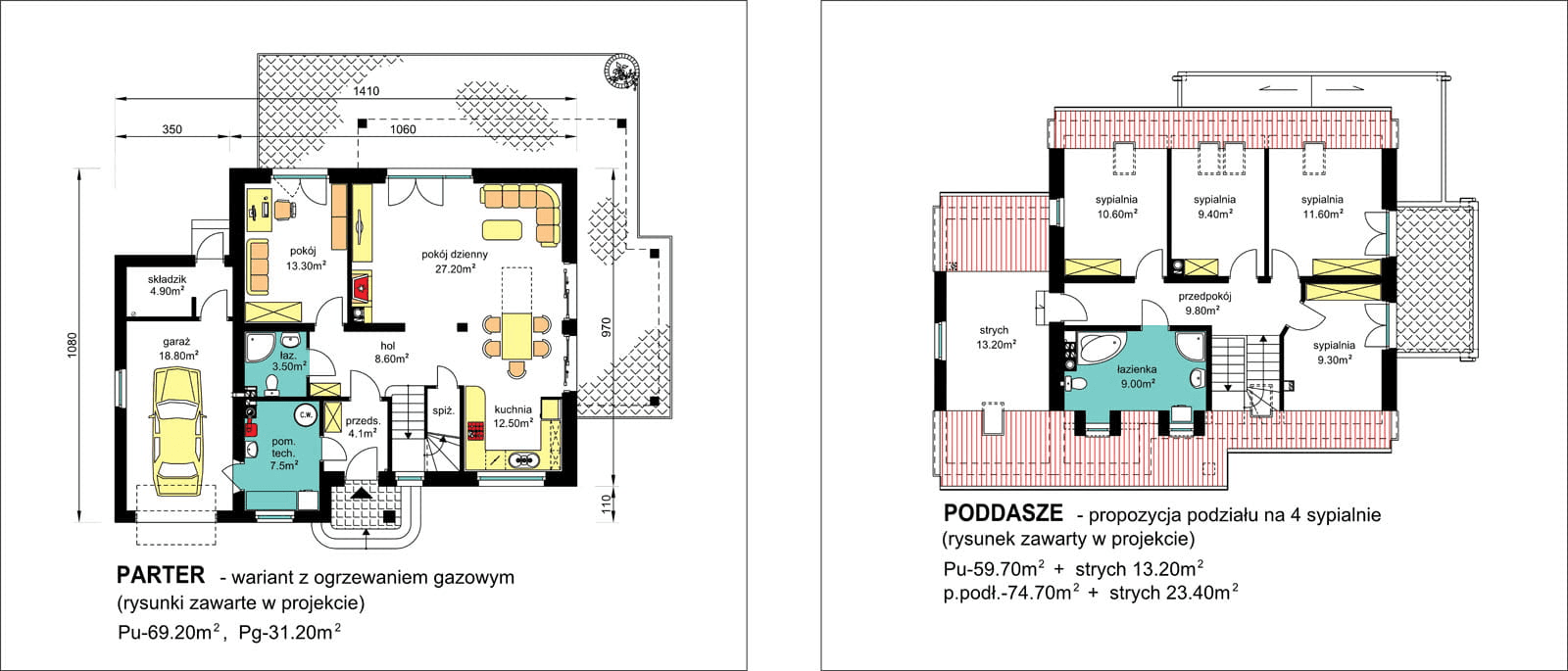 rzuty parteru oraz poddasza domu jednorodzinnego BW-56 wariant z ogrzewaniem gazowym oraz podziału poddasza na 4 sypialnie