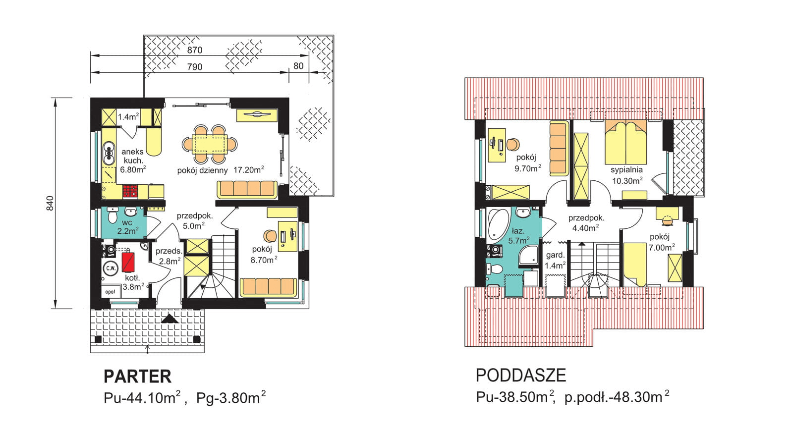 rzuty parteru oraz poddasza domu jednorodzinnego BW-70