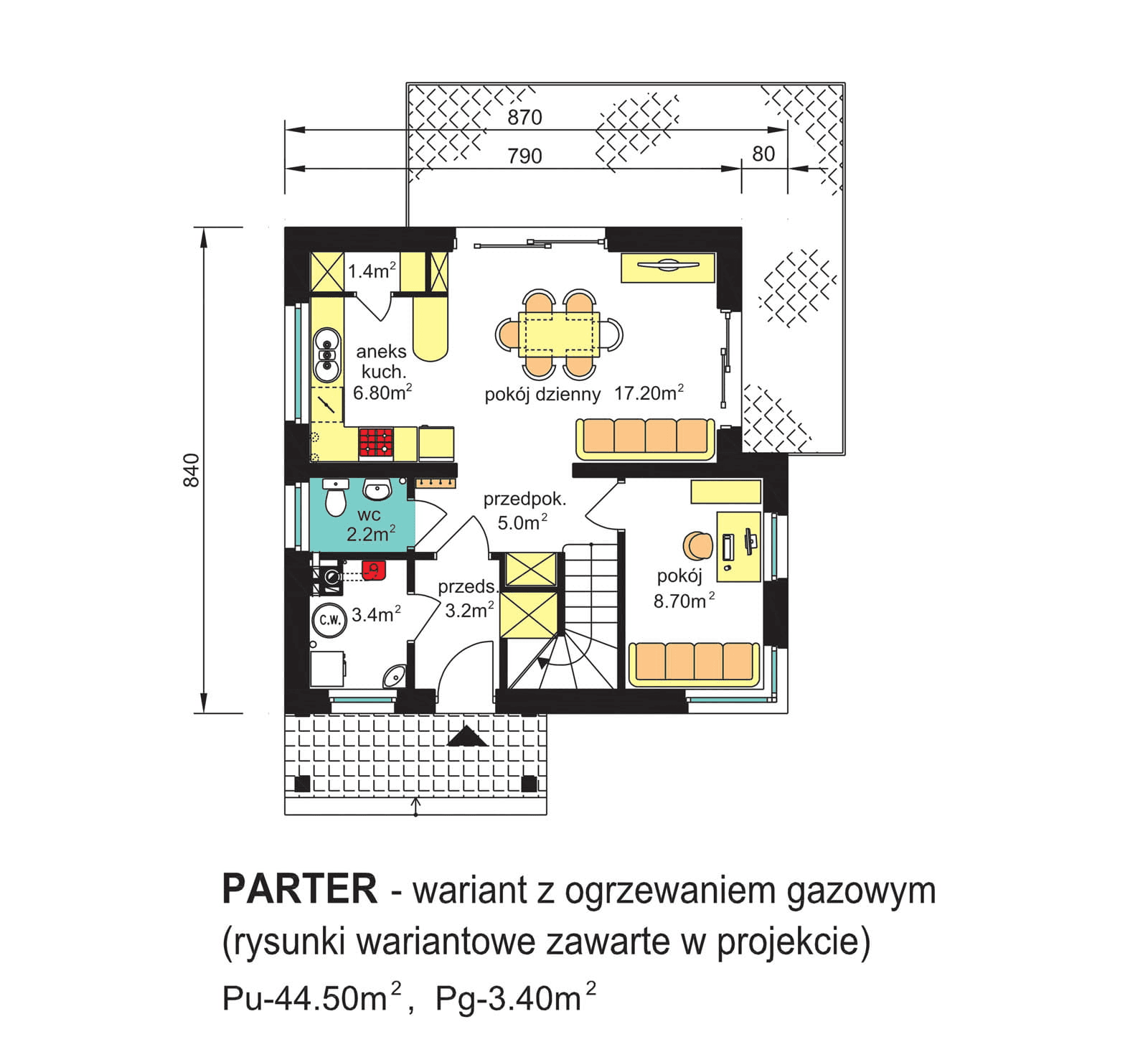rzut parteru domu jednorodzinnego BW-70 wariant z ogrzewaniem gazowym