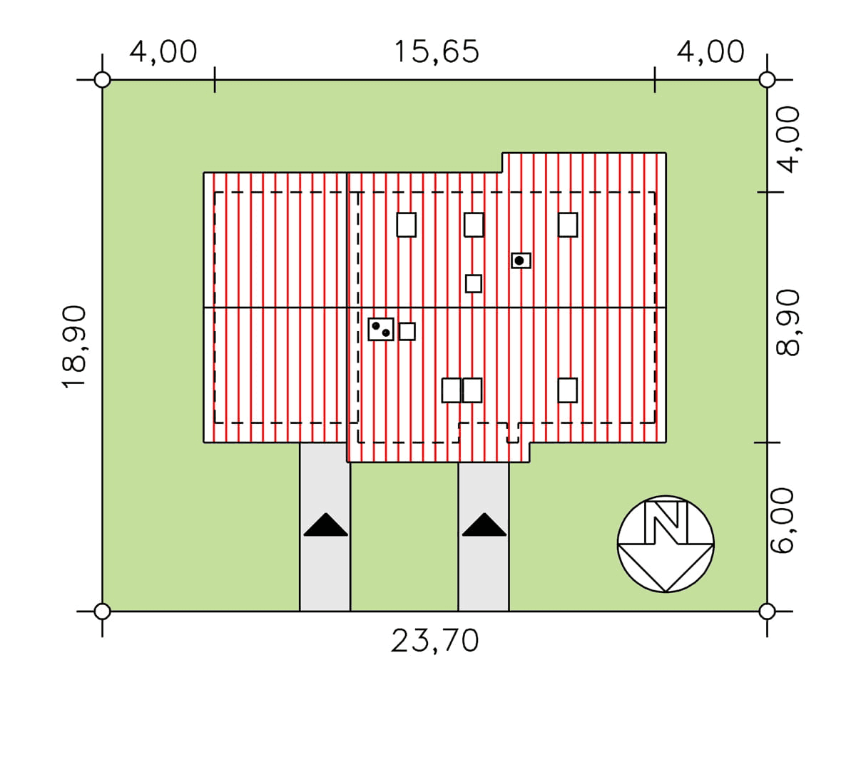 Rzut usytuowania domu dwulokalowego BS-07 na działce