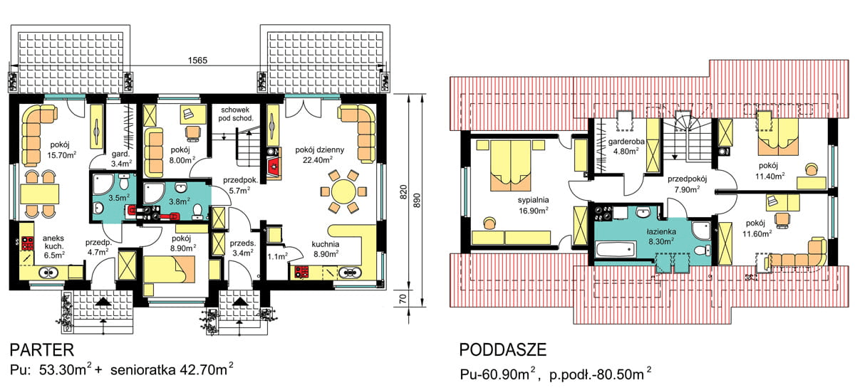Rzuty parter/poddasze domu dwulokalowego BS-07