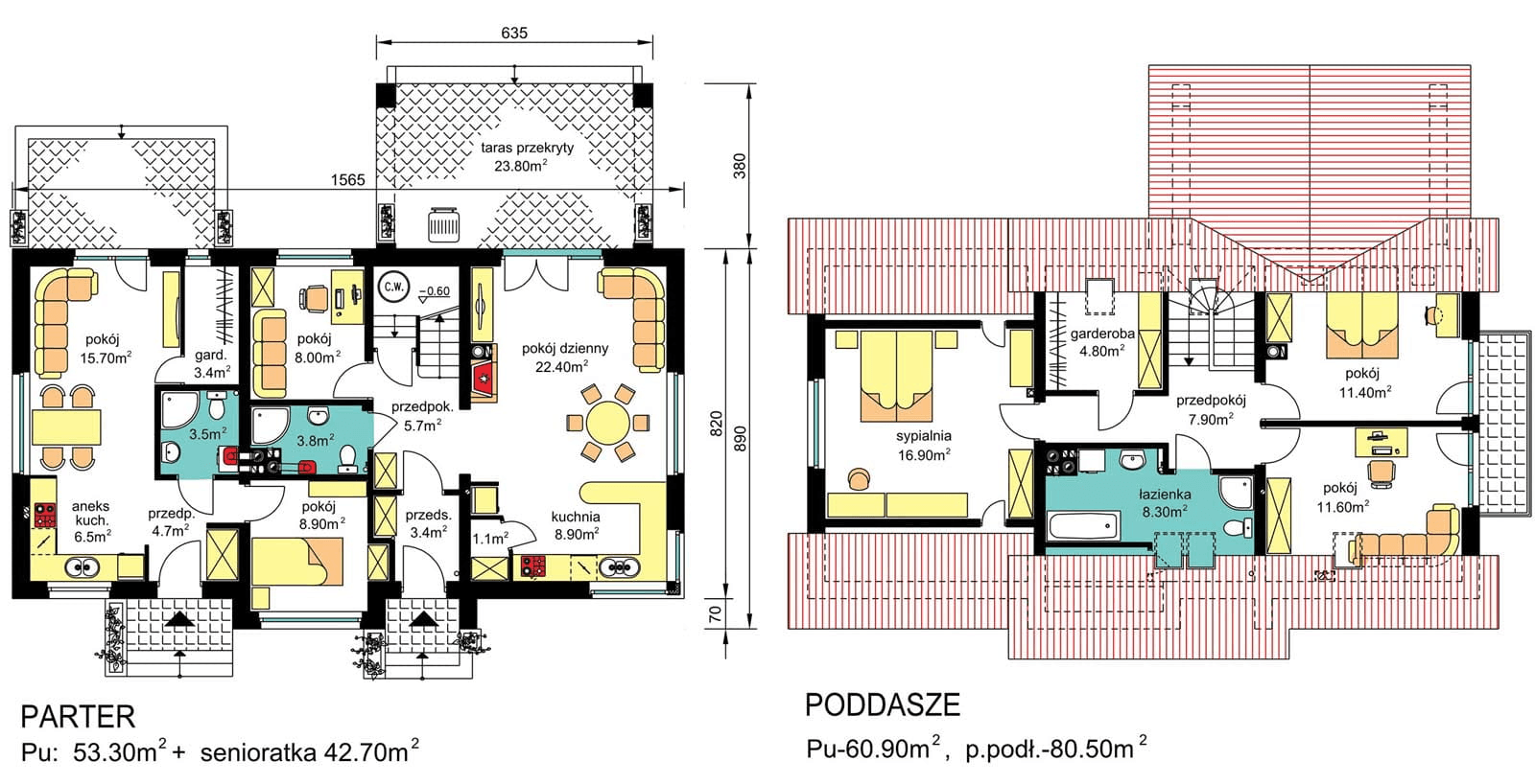 Rzuty parter/poddasze domu BS-07 wariant 2 dwulokalowy