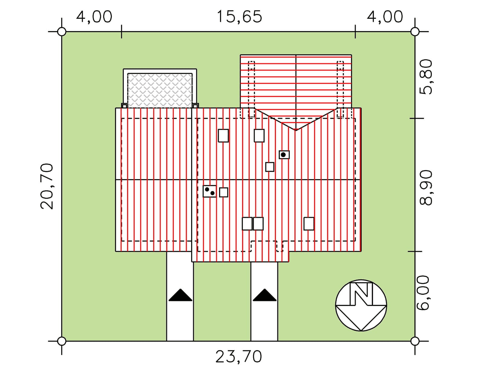 Rzut usytuowania domu BS-07 wariant 2 dwulokalowy na działce
