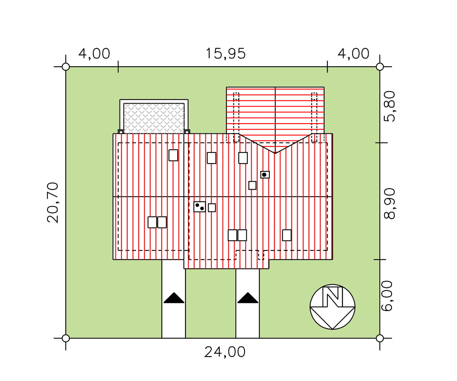 Rzut usytuowania domu BS-07 wariant 3 dwulokalowy na działce