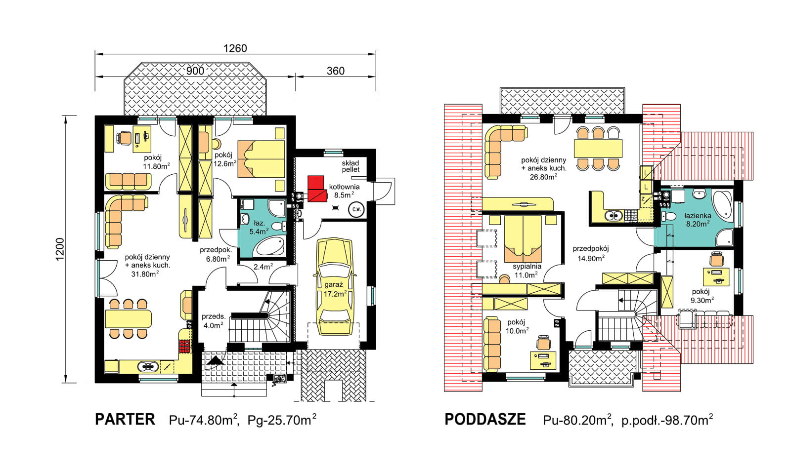 Rzuty parter/poddasze domu dwulokalowego BS-10 z wariantem na paliwo stałe