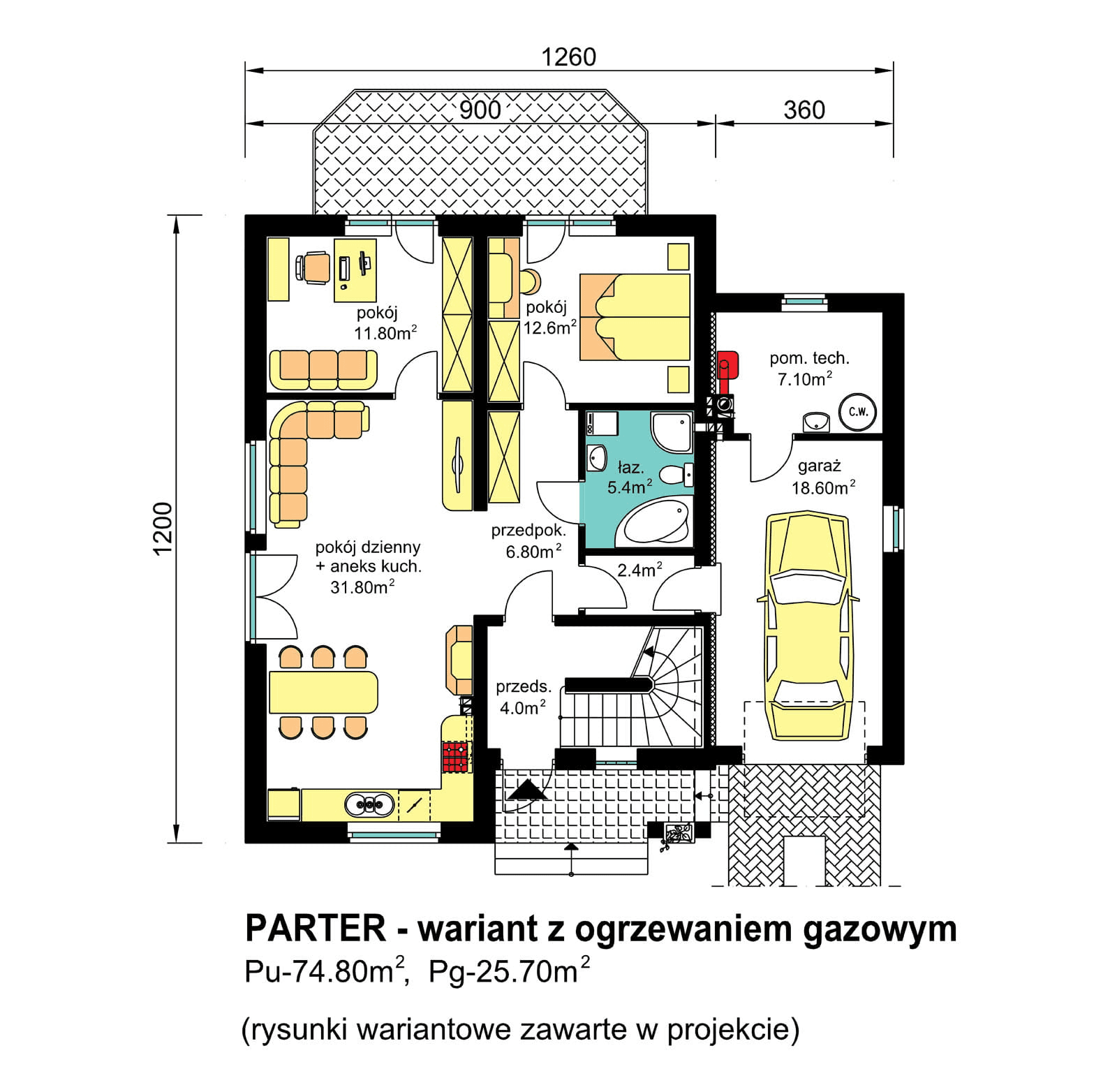 Rzut parteru domu dwulokalowego z wariantem na ogrzewanie gazowe