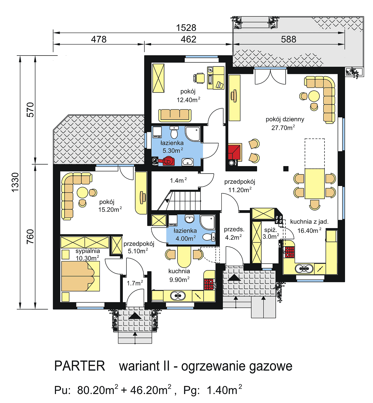 Rzut parteru domu dwulokalowego BS-11 z wariantem ogrzewania gazowego II