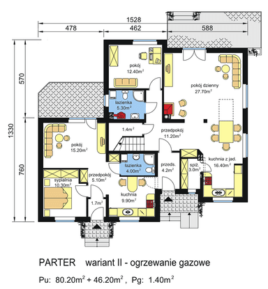 Rzut parteru domu dwulokalowego BS-11 z wariantem ogrzewania gazowego II