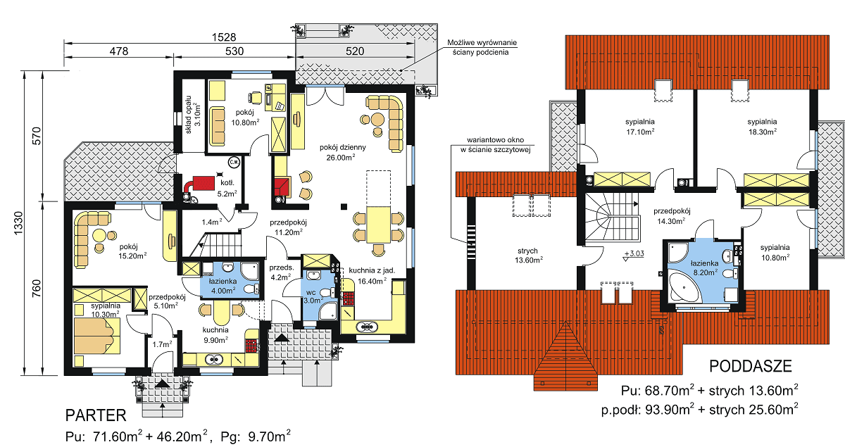 Rzuty parter/poddasze domu dwulokalowego BS-11 z wariantem na paliwo stałe