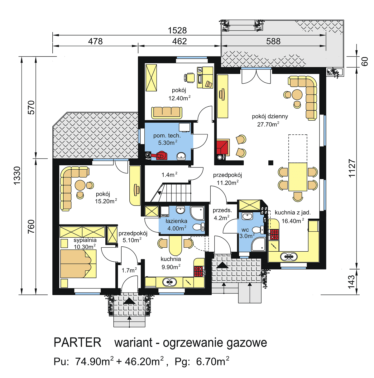 Rzut parteru domu dwulokalowego BS-11 z wariantem ogrzewania gazowego