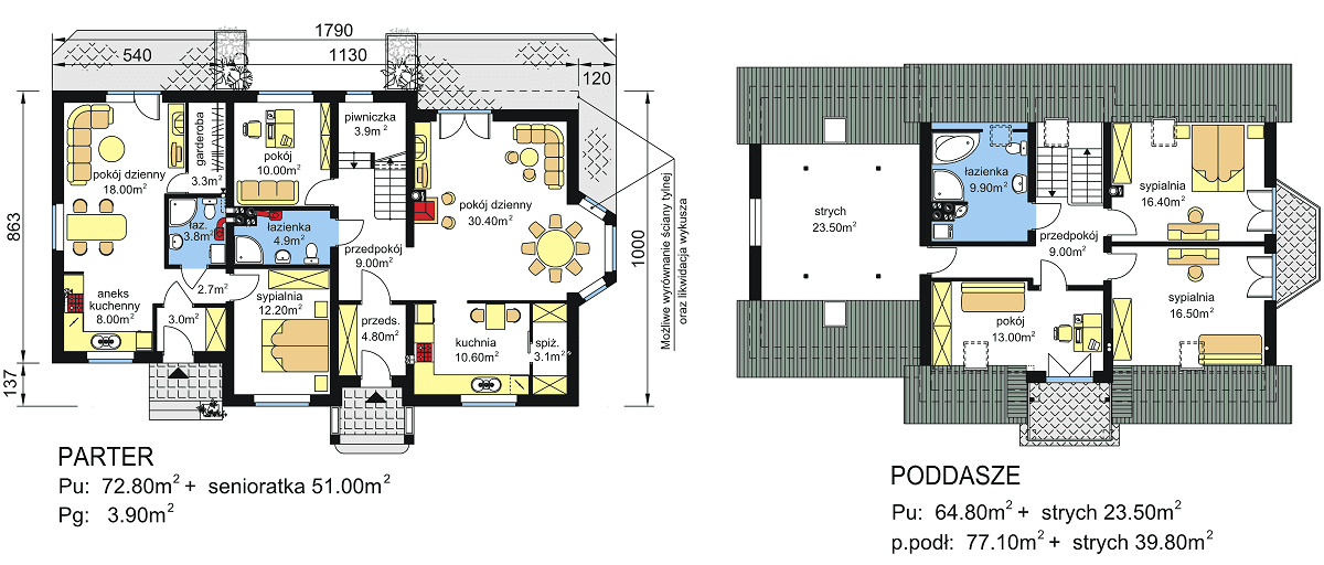 Rzuty parter/poddasze domu dwulokalowego BS-12 z wariantem na ogrzewanie gazowe