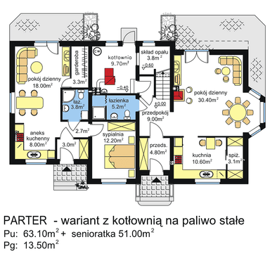 Rzut parteru domu dwulokalowego BS-12 z wariantem ogrzewania na paliwo stałe