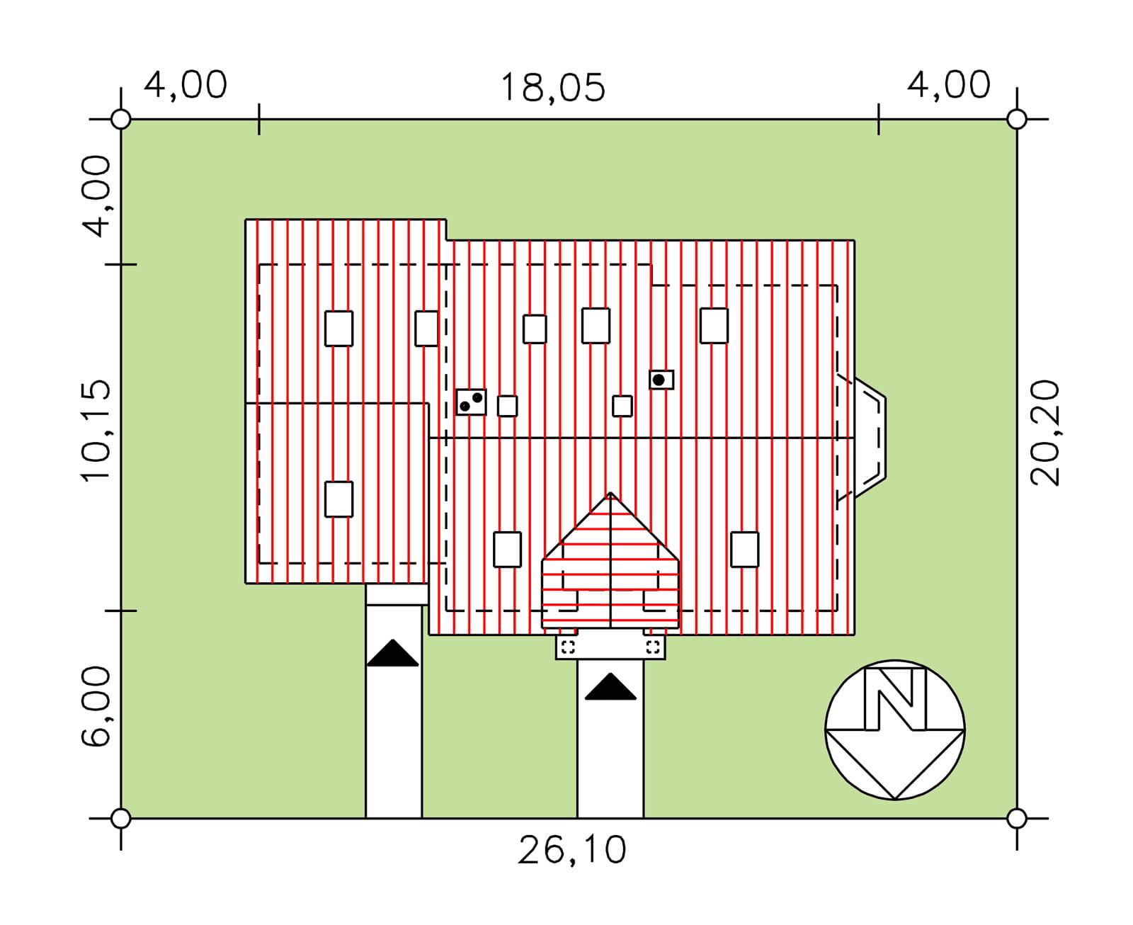 Rzut usytuowania domu BS-12 wariant 1 dwulokalowy na działce
