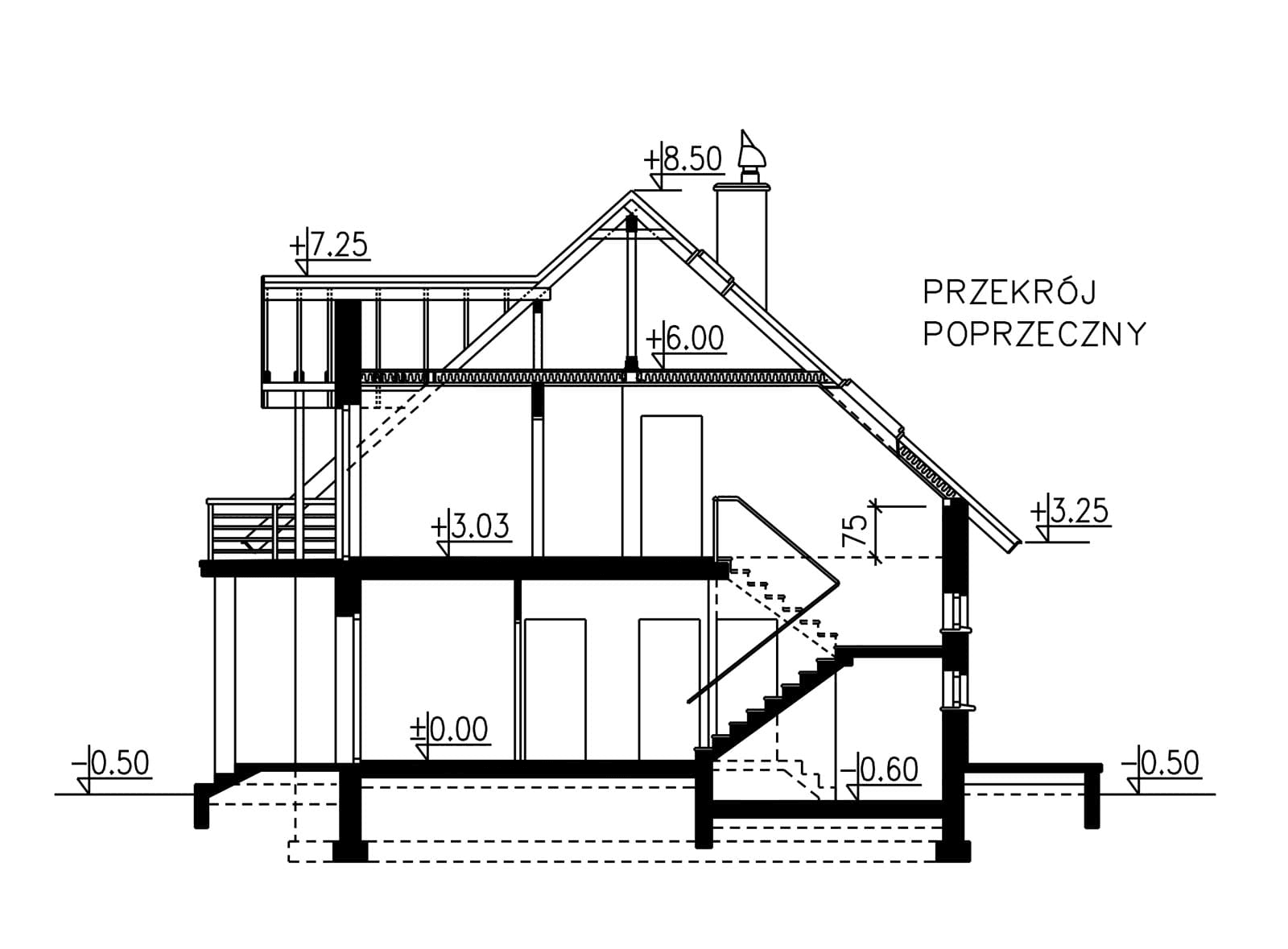 Przekrój domu BS-12 wariant 1 dwulokalowy