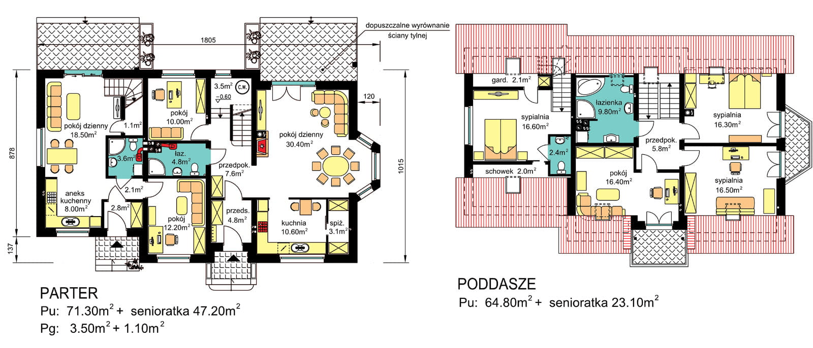 Rzuty parter/poddasze domu BS-12 wariant 1 dwulokalowy z ogrzewaniem gazowym