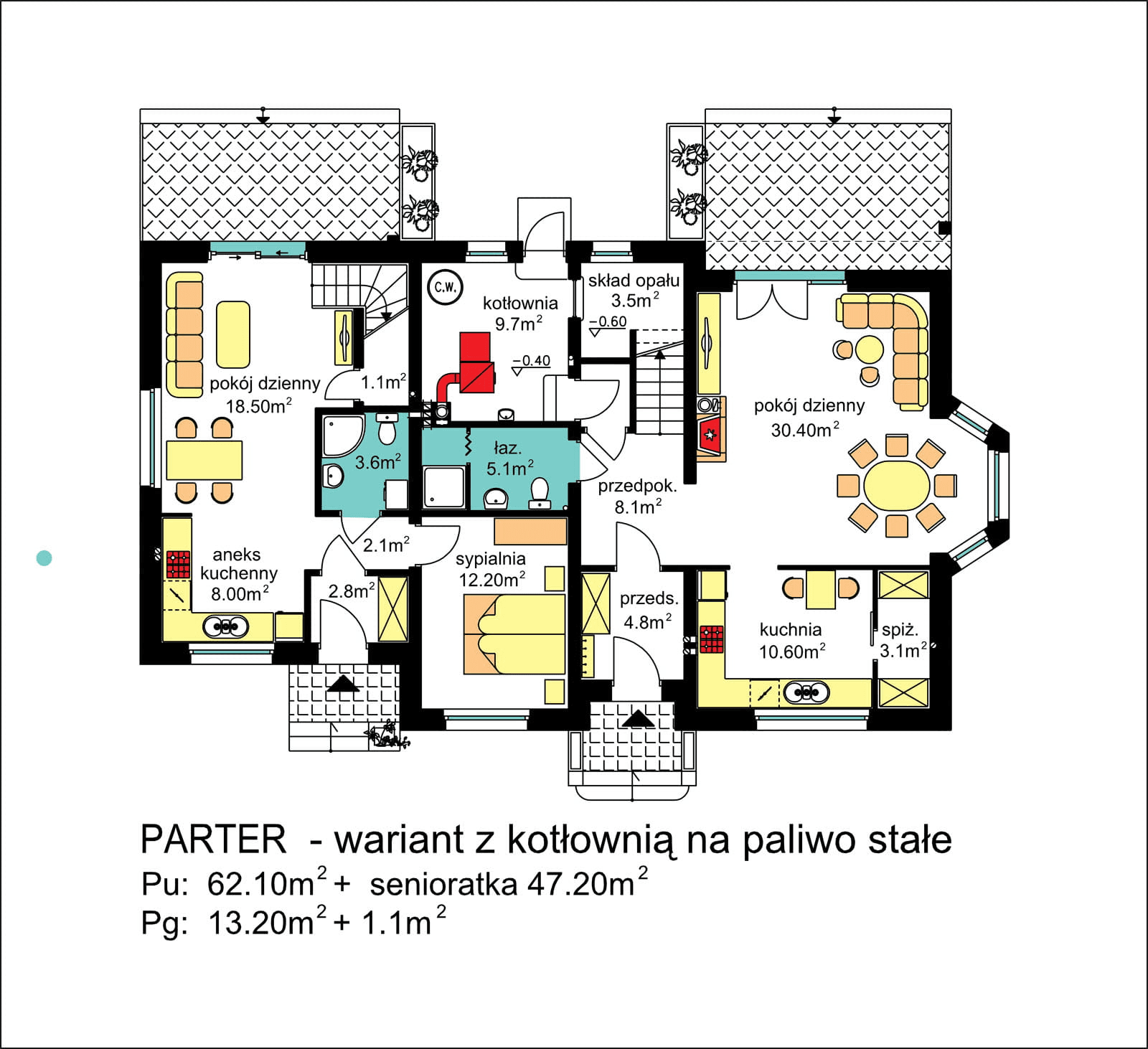 Rzut parteru domu BS-12 wariant 1 dwulokalowy z ogrzewaniem na paliwo stałe