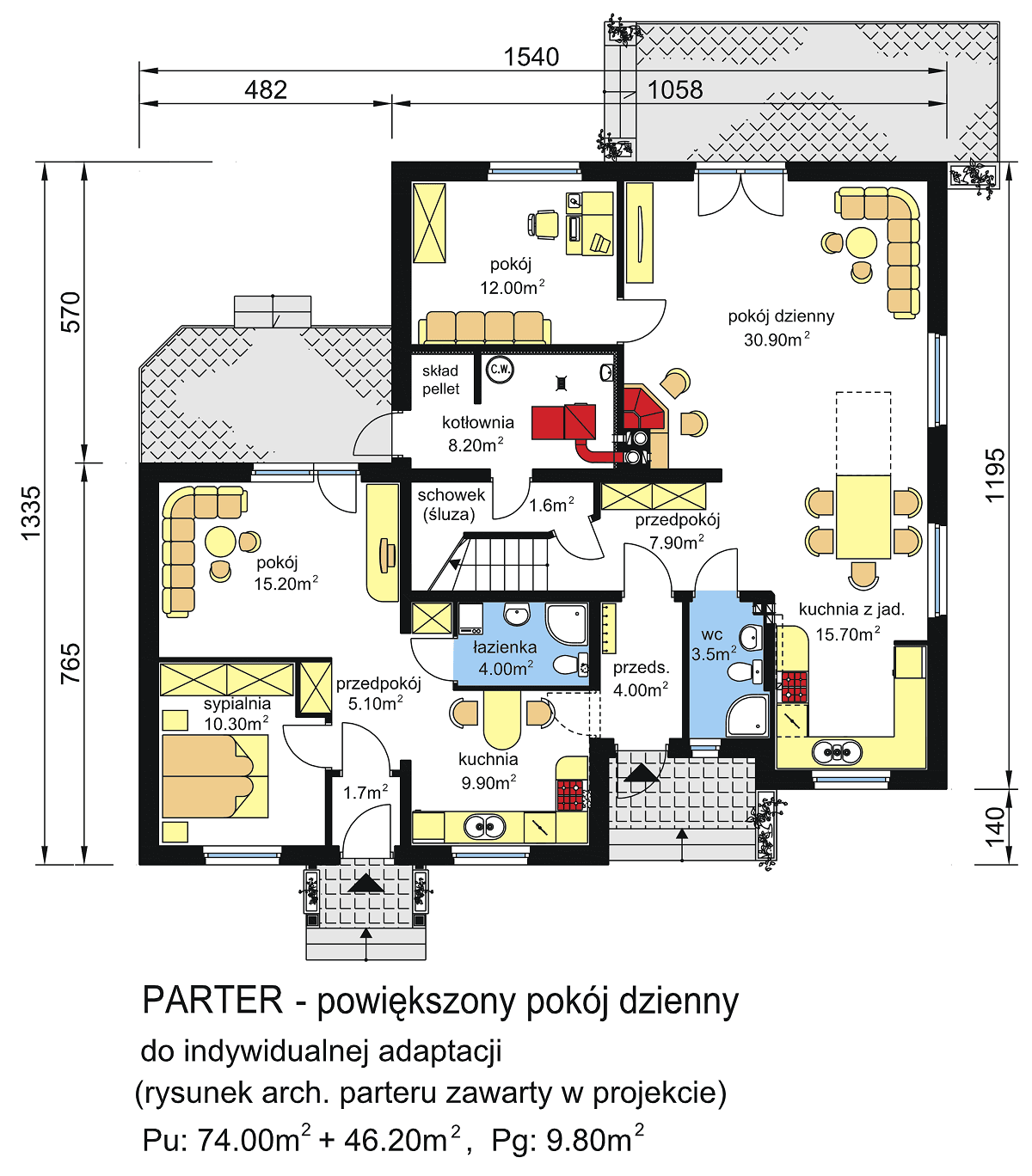 Rzut parteru domu dwulokalowego BS-14 z powiększonym pokojem dziennym