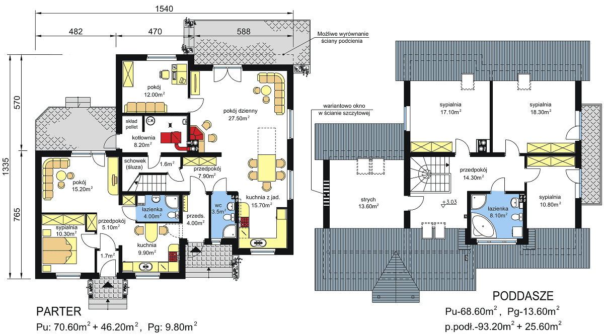 Rzuty parter/poddasze domu dwulokalowego BS-14 z wariantem na paliwo stałe