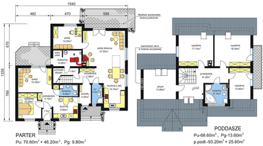 Rzuty parter/poddasze domu dwulokalowego BS-14 z wariantem na paliwo stałe