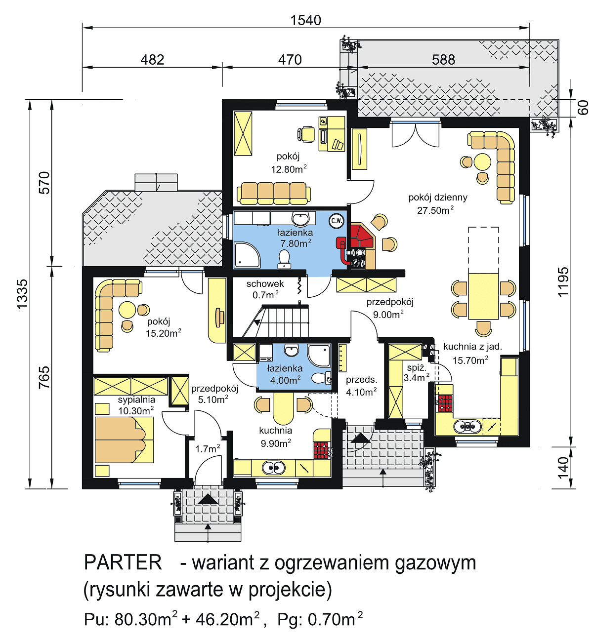 Rzut parteru domu dwulokalowego BS-14 z wariantem na ogrzewanie gazowe
