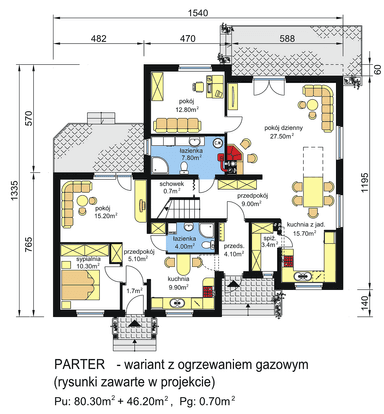 Rzut parteru domu dwulokalowego BS-14 z wariantem na ogrzewanie gazowe