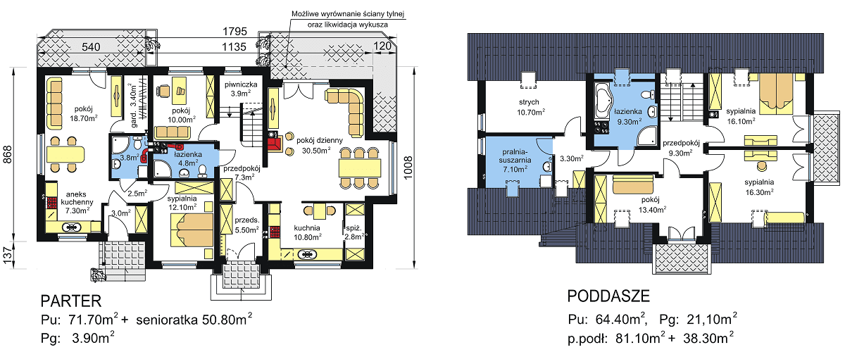 Rzut parteru i rzut poddasza w domu dwulokalowym BS-15