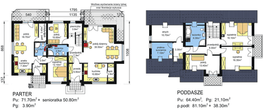 Rzut parteru i rzut poddasza w domu dwulokalowym BS-15