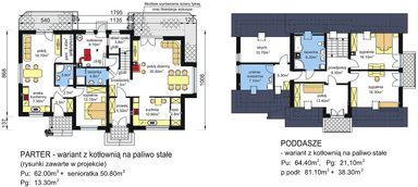 Rzut parteru i poddasza wariant 2 w projekcie domu BS-15
