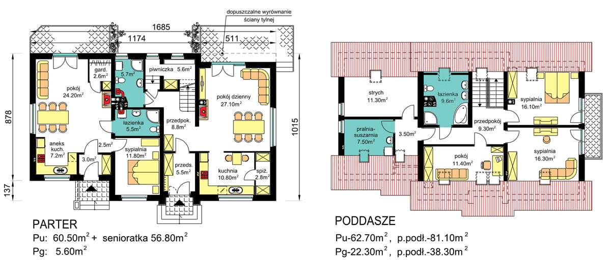 Rzuty parter/poddasze domu dwulokalowego BS-15 wariant