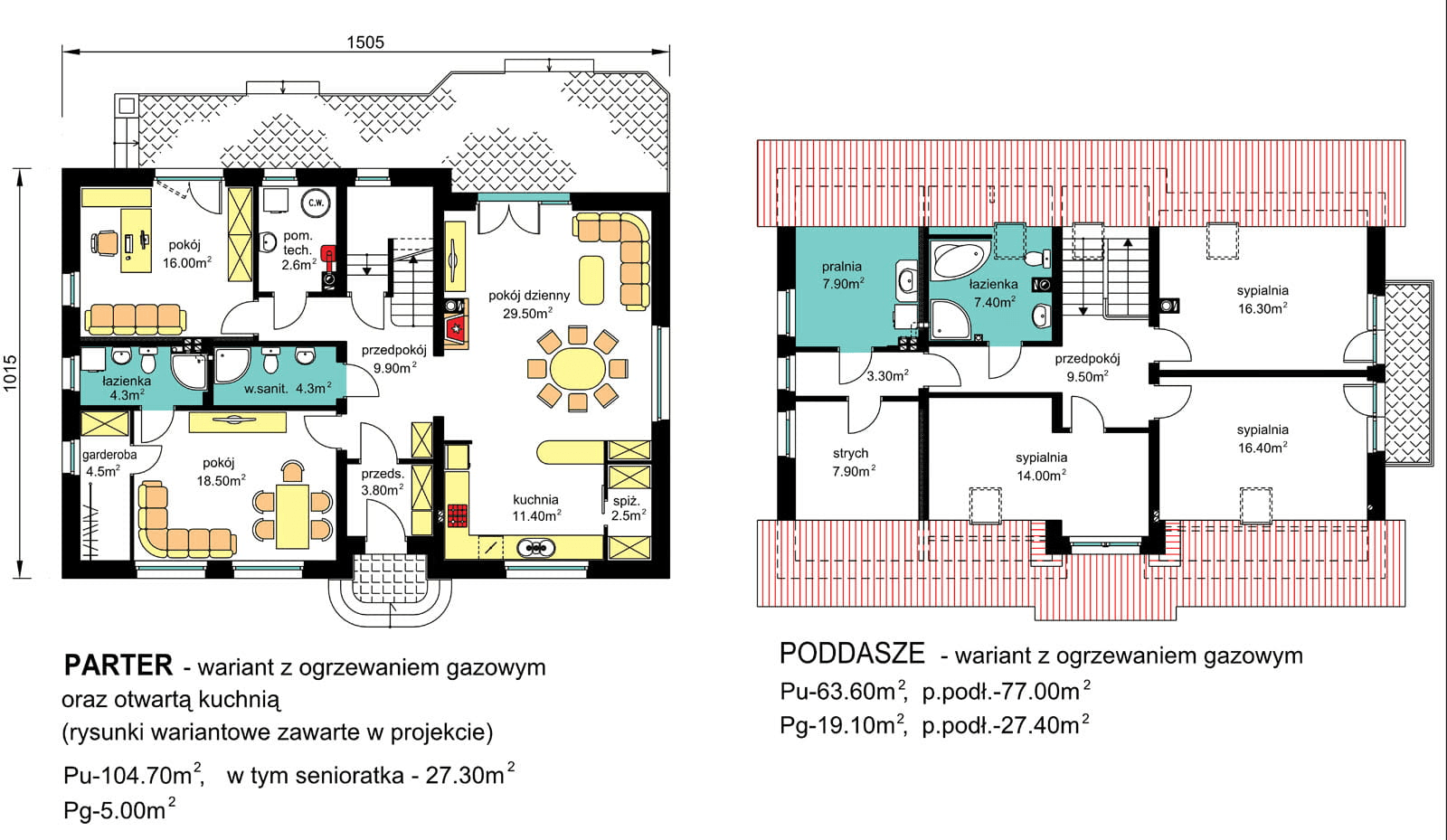 Rzuty parter/poddasze domu BS-16 dwulokalowego z wariantem ogrzewania gazowego
