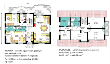 Rzuty parter/poddasze domu BS-16 dwulokalowego z wariantem ogrzewania gazowego