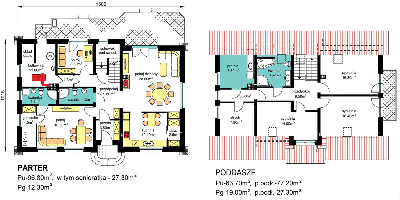 Rzuty parter/poddasze domu BS-16 dwulokalowego z wariantem na paliwo stałe