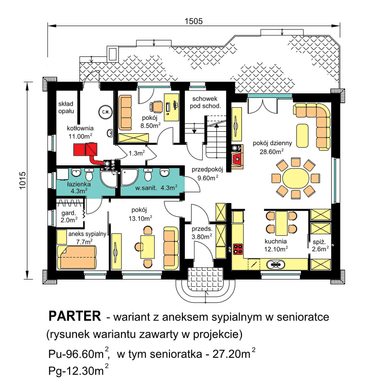 Rzut parteru domu BS-16 dwulokalowego wariant z aneksem sypialnianym w senioratce