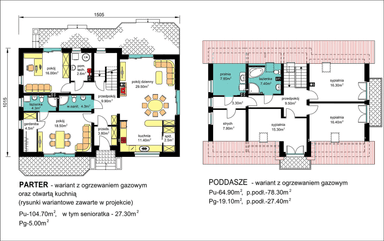 Rzuty parter/poddasze domu BS-16 wariant 1 dwulokalowy z ogrzewaniem gazowym