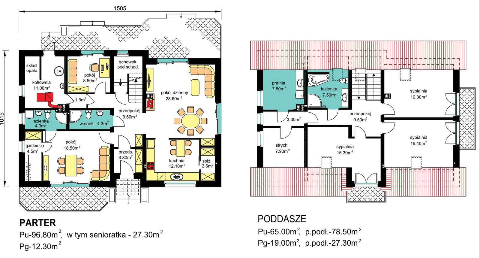 Rzuty parter/poddasze domu BS-16 wariant 1 dwulokalowy z ogrzewaniem stałym
