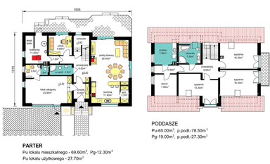 Rzuty parter/poddasze domu BS-16 wariant z lokalem ogrzewanie na paliwo stałe